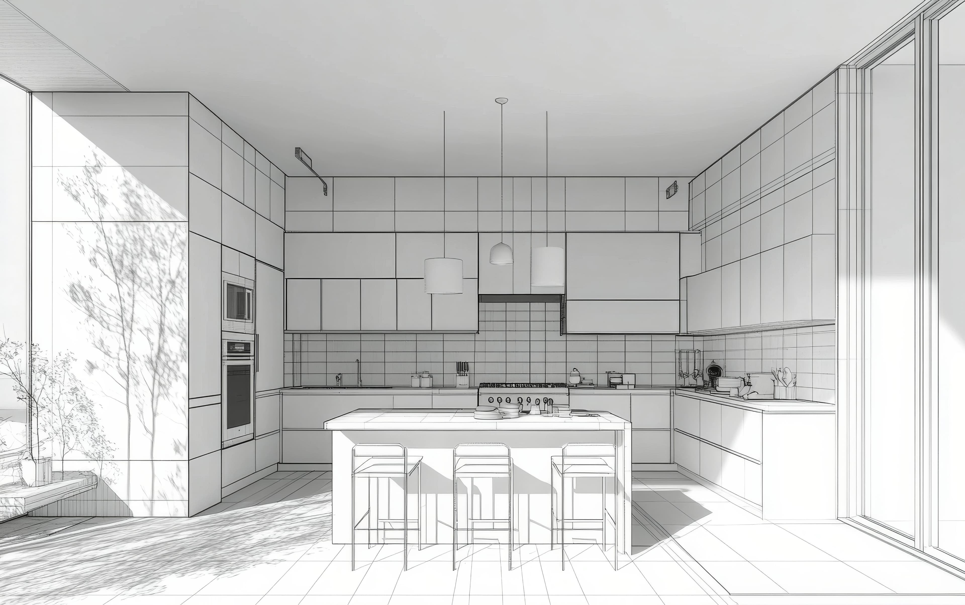 3D wireframe rendering of the same kitchen at the design stage