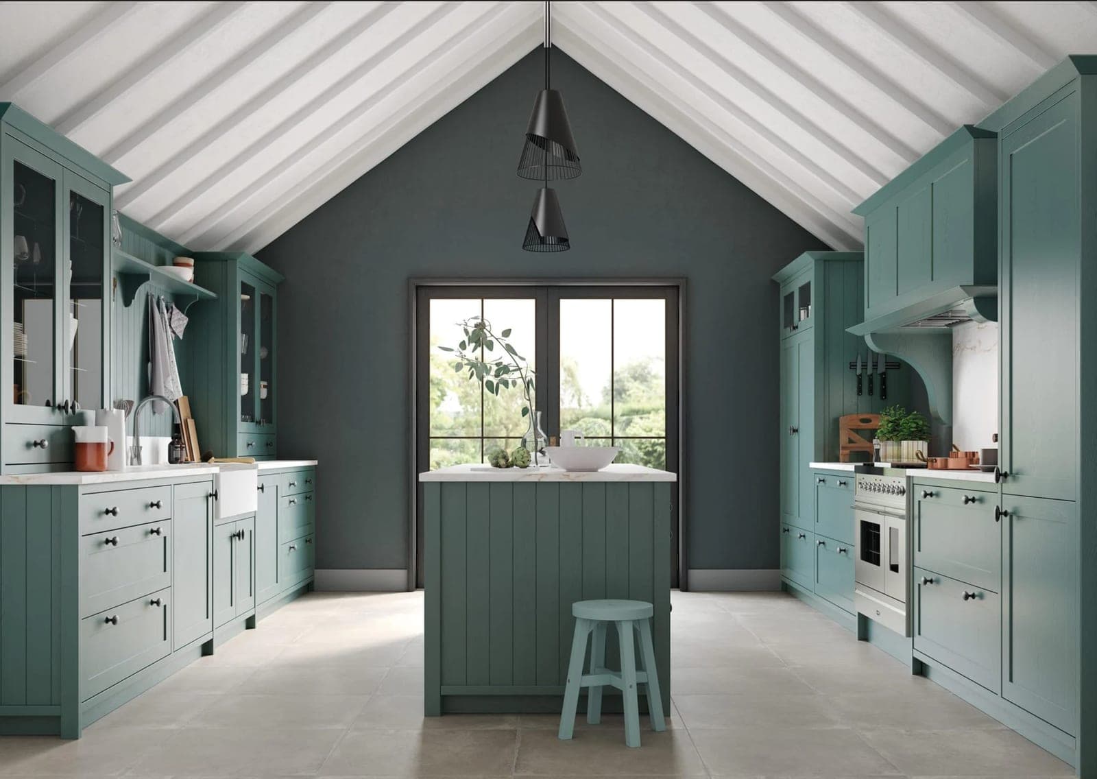 Deep teal shaker kitchen with vaulted ceiling, central island, and range cooker